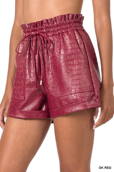 Red Crocodile Leather Shorts