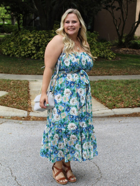 French Blue Floral Strapless Dress