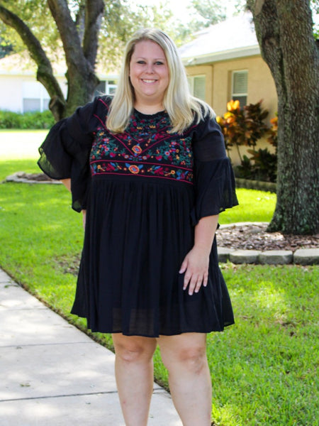 Black Floral Embroidered Yoke Dress - Curvaceous