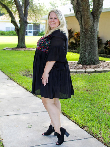 Black Floral Embroidered Yoke Dress - Curvaceous